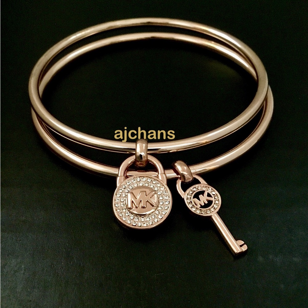 NEW Michael Kors Rose Gold Tone Key/Lock Charms Bangle Set
